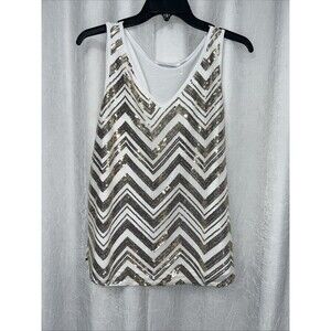 New York and Company White Gold Tone Sequin Chevron Blouse Size M NWOT